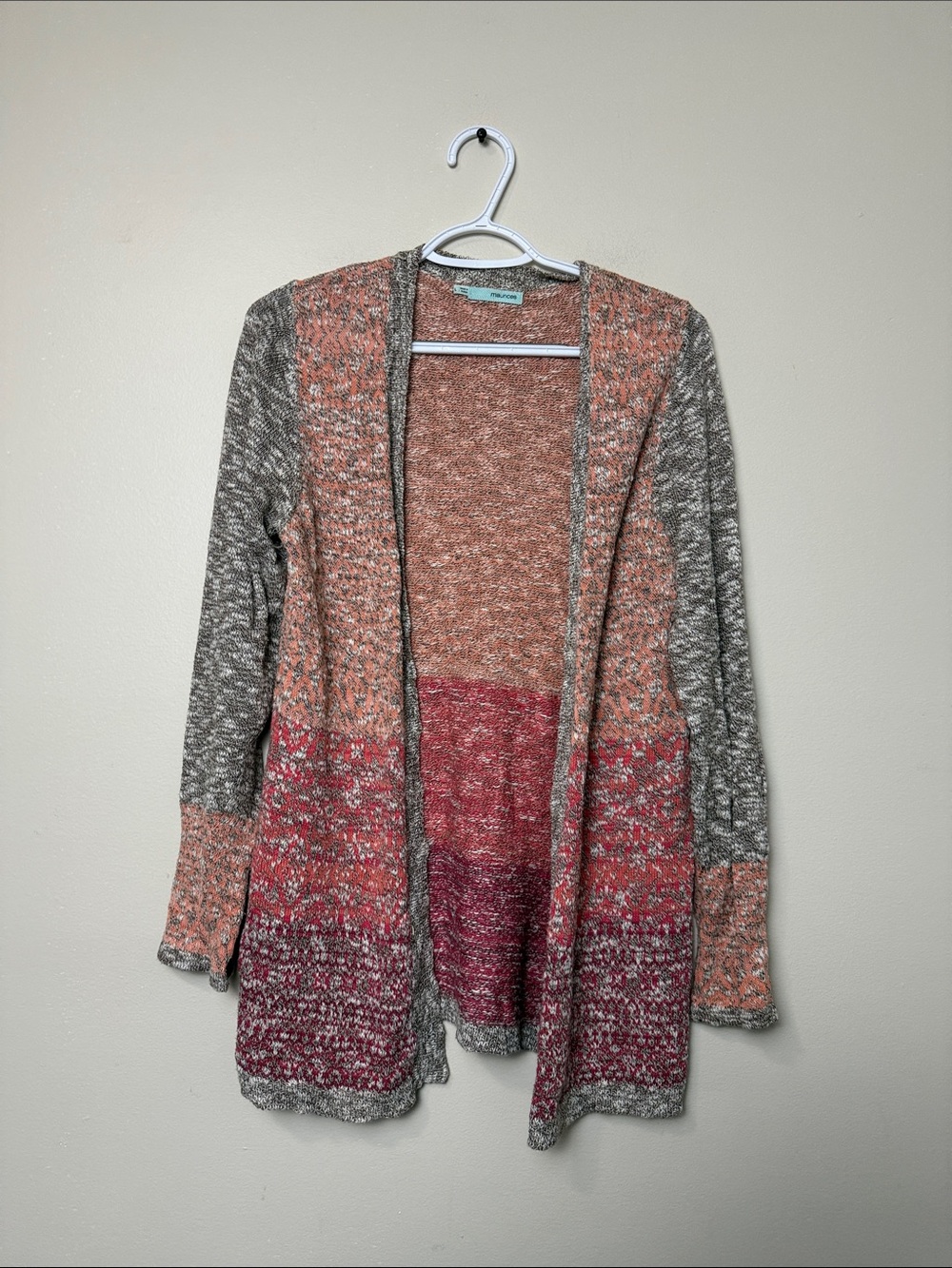 Maurices Gray Peach Pink Ombre Open-Front Cardigan size L